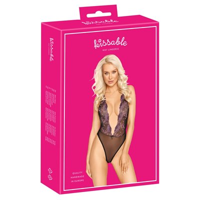 Body extra scollato di kissable realizzato in pregiato powernet nero con intricati ricami floreali